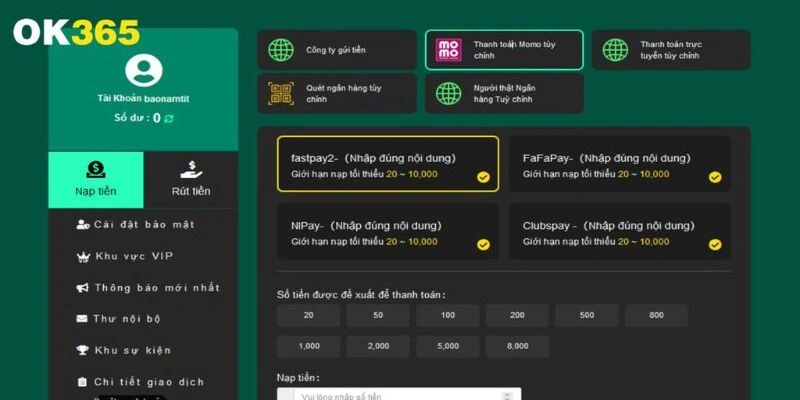 Nạp Tiền OK365 - Phương Thức Thanh Toán Nhà Cái OK365 Com